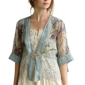 Silky Burnout Floral Kimono Jacket Frog Knot Lace Trim Boho Cottagecore Indie PS